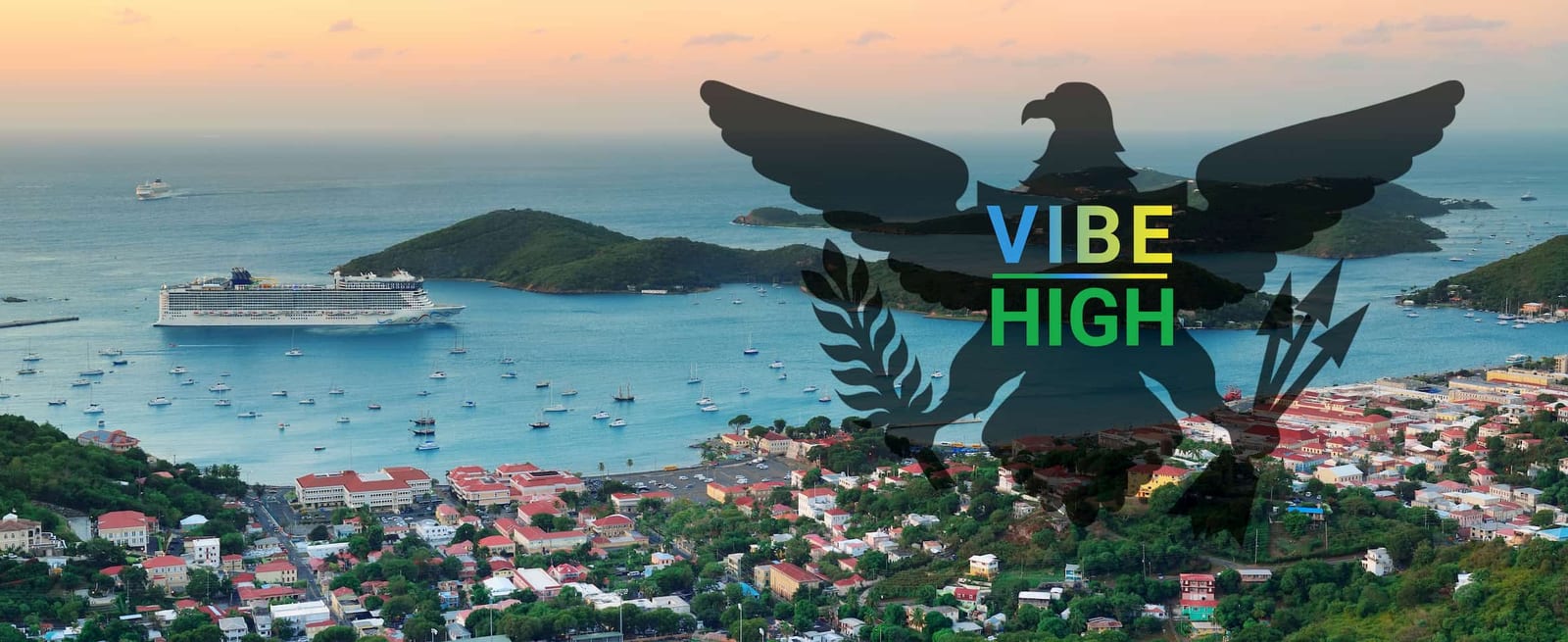 Charlotte Amalie harbor at dusk, with cruise ships and the USVI coat-of-arms silhouette overlaid